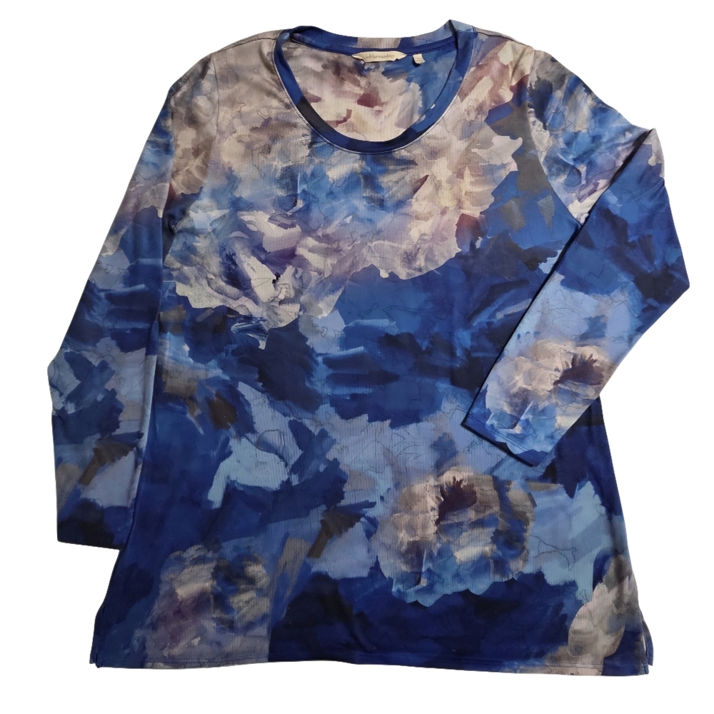 Soft Surroundings Sirena Watercolor Knit Tunic Top XL Blue Floral Art to Wear